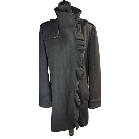 TAHARI~BLACK WOOL RUFFLE SNAP FRONT LEATHER TRIM COAT sz 14 - Picture 5 of 16
